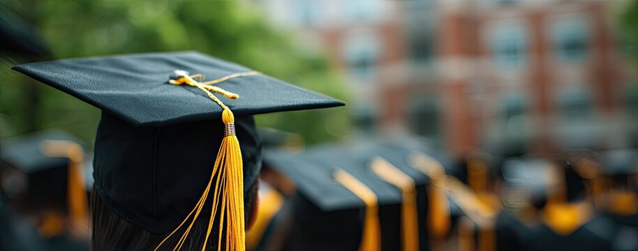 A close-up shot showcases a row of graduation caps with golden tassels, symbolizing academic achievement and the culmination of years of study.
