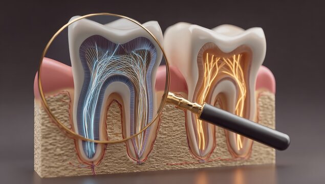 A detailed 3D rendering showcases the intricate internal structure of human teeth, magnified by a golden loupe against a dark background, emphasizing dental anatomy and health.