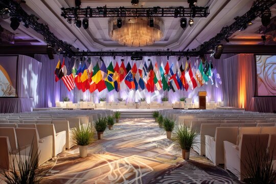 A grand conference hall is adorned with flags from around the world, creating a vibrant and international atmosphere for a large-scale event.
