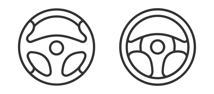 car steering wheels line art icons, automobile control panel elements on transparent background