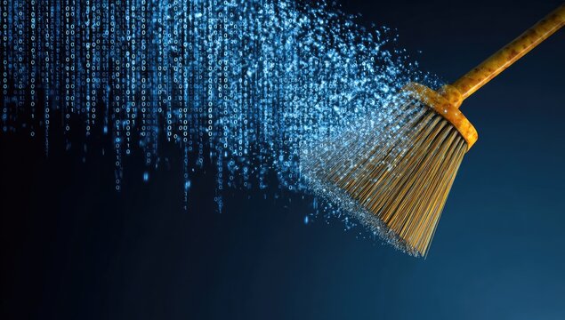 A digital broom sweeps away a stream of binary code, symbolizing data cleansing and cybersecurity.