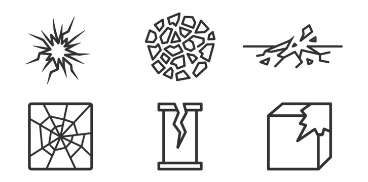 crack icons set including jagged fracture radial broken surface column and corner damage symbols on transparent background