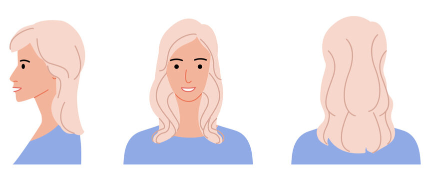 Blowout hairstyle flat vector front back profile views, voluminous smooth hair structure for avatar, beauty app, interface design, fashion illustration, character system