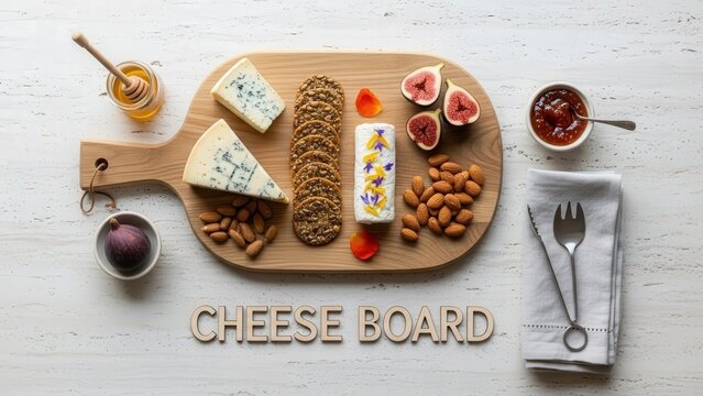 Minimalist Overhead Flat Lay Cheese Board with Wooden Text Label on Whitewashed Travertine