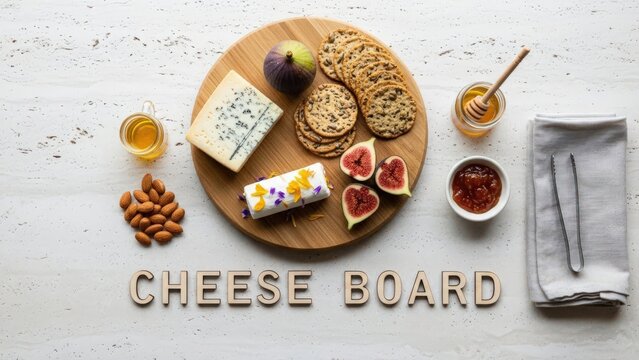 Minimalist Overhead Flat Lay Cheese Board with Wooden Text Label on Whitewashed Travertine