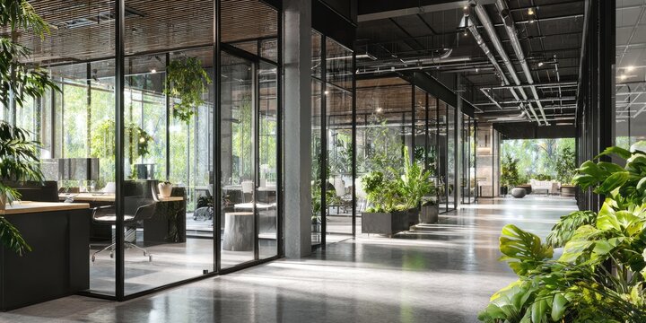 A modern, open-plan office space seamlessly integrates with lush greenery, creating a bright and inviting workspace with a focus on natural light and biophilic design.