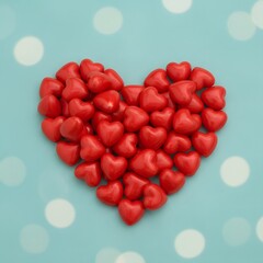 Obraz premium Red heart candies arranged in a big heart on turquoise background romantic sweet concept