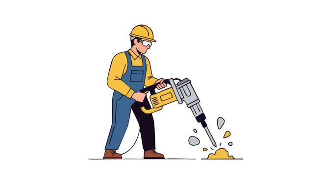 Construction worker using an electric demolition hammer on a white background, flat vector illustration