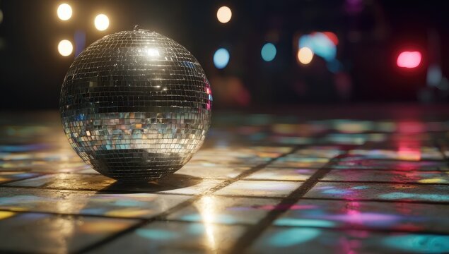 Disco Ball Reflecting Colorful Lights on a Dance Floor.