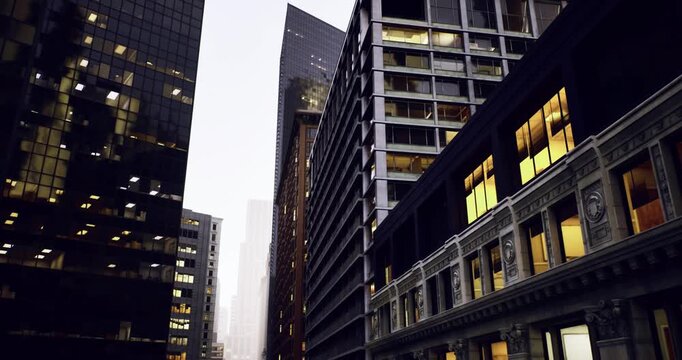 midday urban canyon with layered facades and construction vibes, steel and concrete textures visible, narrow view toward distant skyscraper, industrial detail