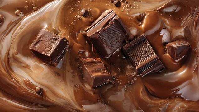 Rich Chocolate Indulgence: A close-up shot captures the decadent allure of rich chocolate, with pieces melting luxuriously in a swirl of creamy, velvety goodness.