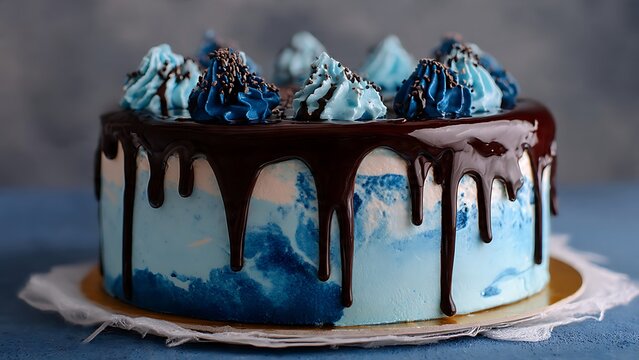 Delicious Cake: A decadent cake, adorned with an artistic blend of light blue and dark blue, topped with luscious blue icing and rich chocolate ganache.