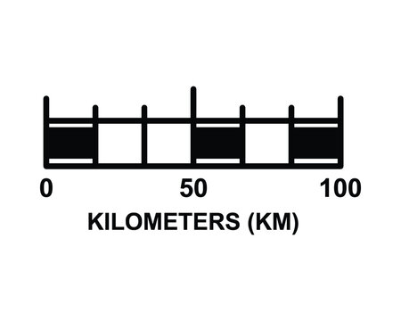 Kilometers map scale bar shows 100 kilometers range of measurement
