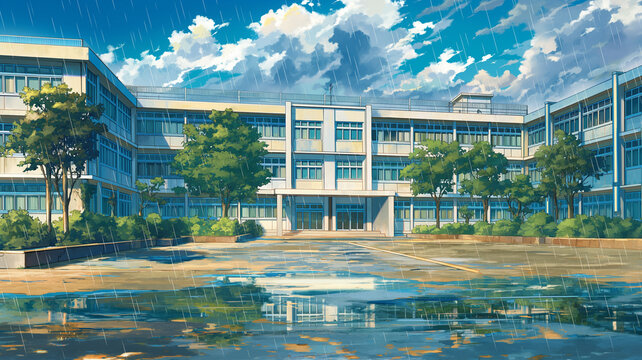 校舎と雨に濡れた校庭を描いた情景イラスト、水たまりに映る風景と降り続く雨が印象的で静かな時間の流れを感じさせる構図、学園や青春の空気感を表現する映像制作に最適な高品質ビジュアル素材