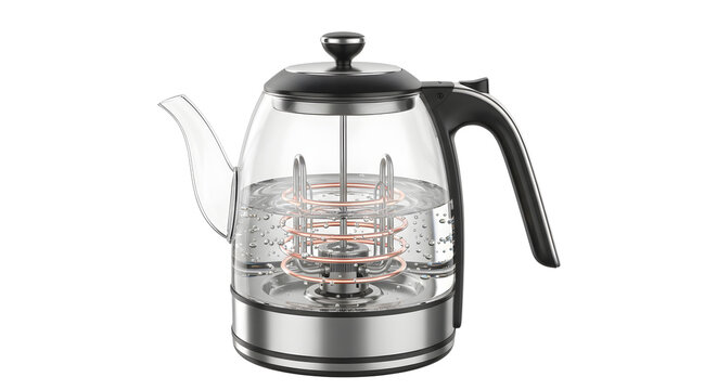 A modern electric kettle with a transparent glass body and stainless steel accents
