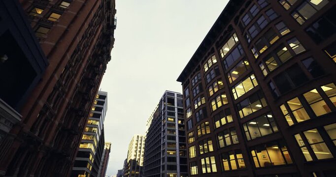 Reflective modern architecture, Balanced glass pathways replicate quiet metropolitan silhouette with gentle evening lighting and contemporary style