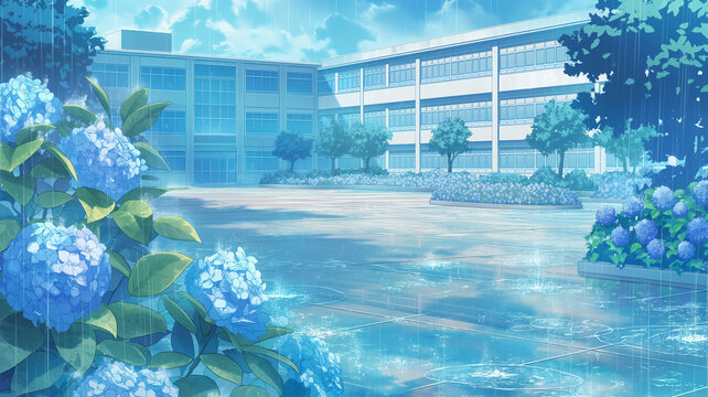 校舎と雨に濡れた校庭を描いた情景イラスト、水たまりに映る風景と降り続く雨が印象的で静かな時間の流れを感じさせる構図、学園や青春の空気感を表現する映像制作に最適な高品質ビジュアル素材