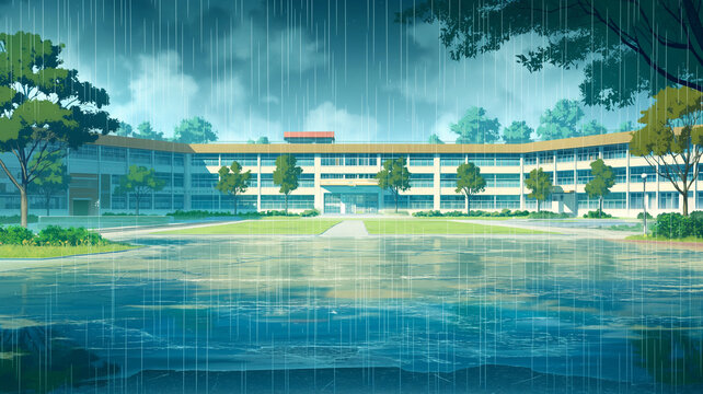 校舎と雨に包まれた校庭の情景を描いたイラスト、水たまりと降り注ぐ雨が作り出す静寂な世界観が魅力で日常の学校生活を印象的に表現、映像制作や広告に適した高品質背景素材