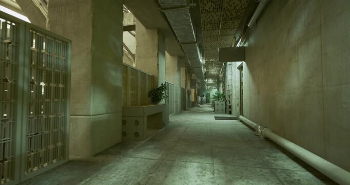 calm service corridor with potted plant and exposed pipes, soft green highlights, concrete walls and long perspective creating tranquil industrial mood
