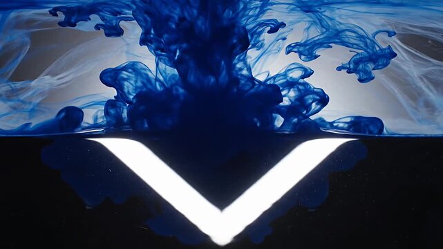 Abstract blue ink clouds over white glowing chevron shape