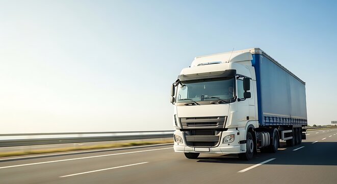 Large white semi-truck with a blue trailer rapidly moving on a multi-lane highway under a clear blue sky, symbolizing efficient cargo transport and global logistics