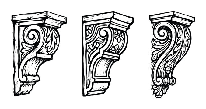 Ornate Architectural Corbel Brackets: Woodcut Style Vector Set