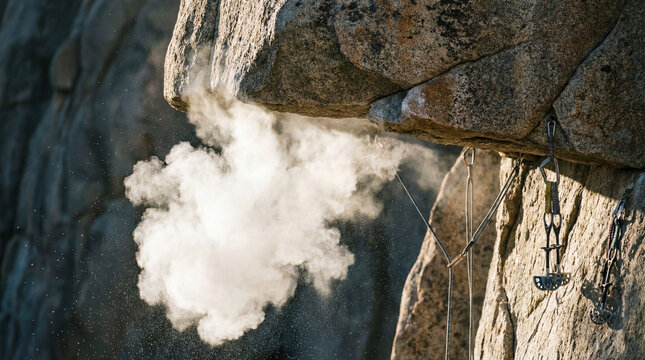 Rock climbing chalk cloud bursts from a granite overhang beside fixed gear dramatically