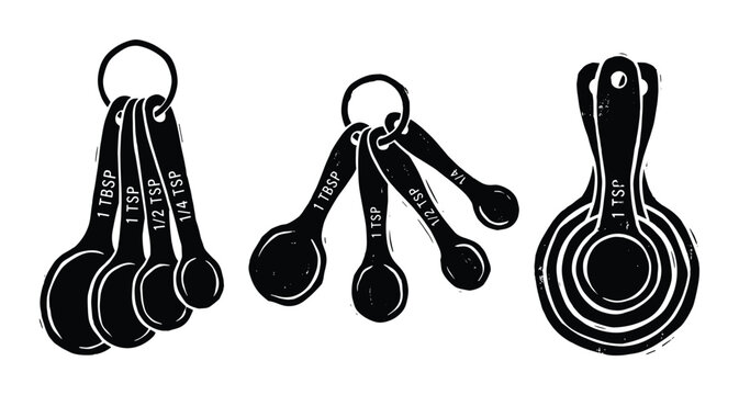 Measuring spoons set, different sizes, black kitchen utensils vector