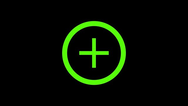 Green neon plus symbol inside a radiating sun circle, health, energy, and positive addition concept.
