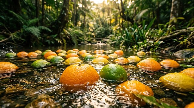 Lanskap sungai tropis dengan buah jeruk dan limau di aliran air alami hutan hijau yang subur dan segar
