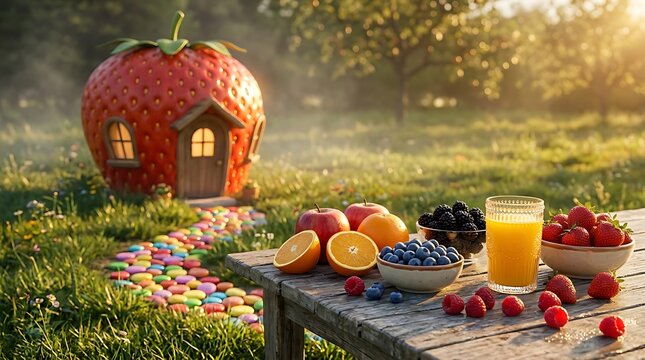 Meja Kayu Penuh Buah Segar dan Juicy di Alam Terbuka Saat Matahari Terbit