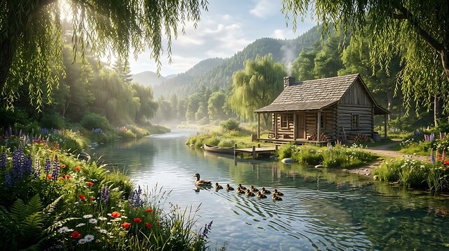 Pemandangan Danau Tenang dengan Rumah Kayu di Pinggir Sungai Dikelilingi Alam Hijau dan Pegunungan