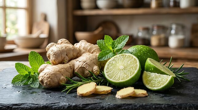 Jahe dan jeruk nipis segar sebagai bahan herbal alami untuk kesehatan dan masakan di dapur modern
