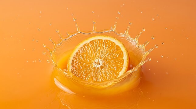 Jeruk segar dipotong setengah dengan tetesan air melambung di latar belakang berwarna oranye cerah, menampilkan tema minuman dan kesegaran buah alami