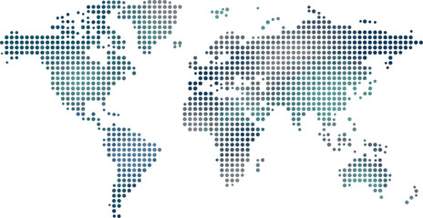 Fototapeta premium Dotted world map with blue and grey halftone circles for global business and technology infographic designs, isolated on transparent background