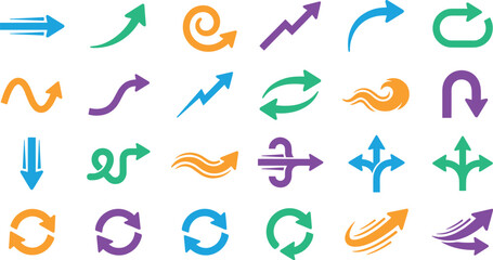 Fototapeta premium Vector collection of colorful arrow icons and directional signs with curved and circular pointers for business marketing designs, isolated on transparent background