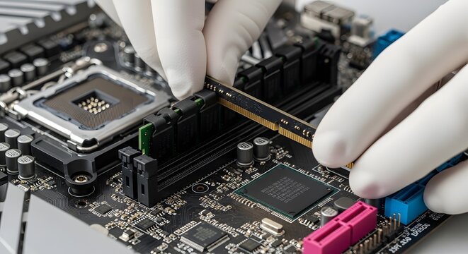 Installing RAM Module into Computer Motherboard Socket Close-up.