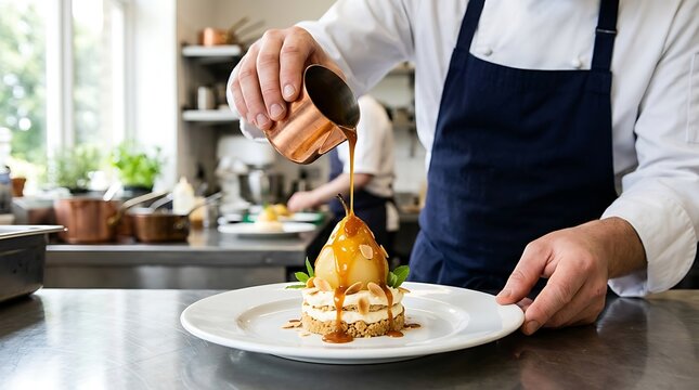 Koki Profesional Menyusun Hidangan Kue Mewah dengan Saus Karamel di Restoran Modern