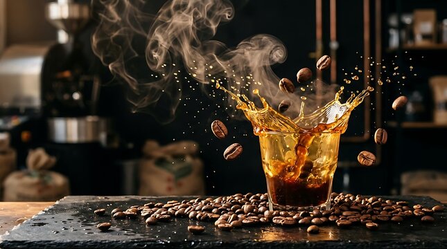 Segelas kopi dengan biji kopi dan uap hangat di lingkungan kafe yang cozy dan modern