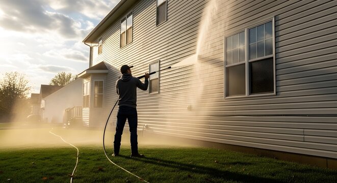 Man Power Washing a House Exterior with a Pressure Washer at Sunset.
