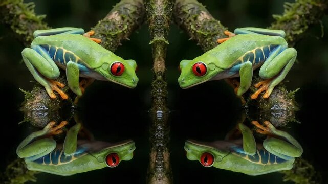 Stunning mirror image of two exotic red-eyed tree frogs on a dark, reflective surface.