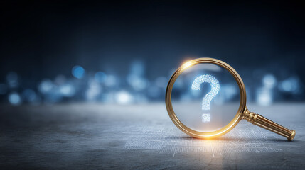 Magnifying glass highlighting a question mark over a digital surface representing inquiry, problem solving and analytical search for answers.
                        