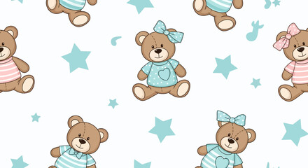 Fototapeta premium Cute teddy bears wearing colorful outfits sit among blue stars and moons on a soft surface.