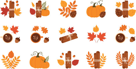 Autumn Seasonal Vector Illustration Set Featuring Cozy Fall Elements Including Pumpkins, Cinnamon Sticks, Maple Leaves, Pinecones, Acorns, and Hot Coffee Cups © Abu