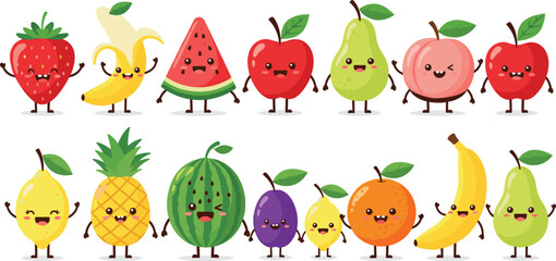 Fototapeta premium Cute Kawaii Fruit Characters Set with Smiling Faces Banana Apple Watermelon Strawberry Pineapple and Orange Cartoon Vector Illustration for Kids Design