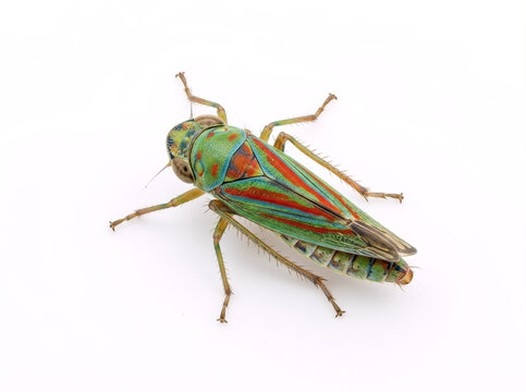 Colorful leafhopper isolated on white background. Candy striped leafhopper with green and red patterns. Macro view of a vibrant Graphocephala coccinea insect