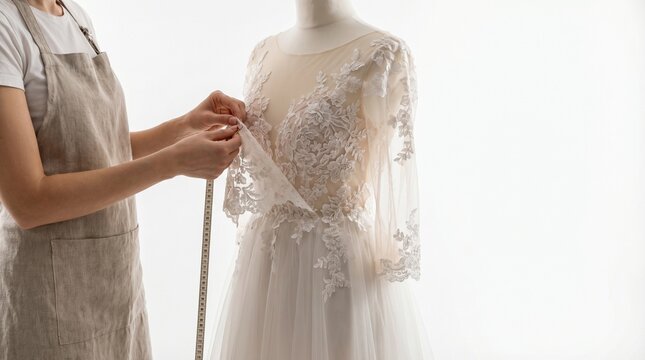 Wedding dress tailoring process isolated on white background, highlighting craftsmanship, fashion and preparation in the bridal industry.