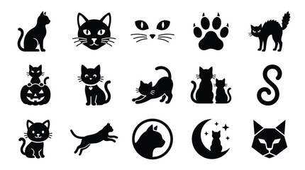 Fototapeta premium Collection of black cat icons and illustrations, featuring various poses, silhouettes, and stylized designs.