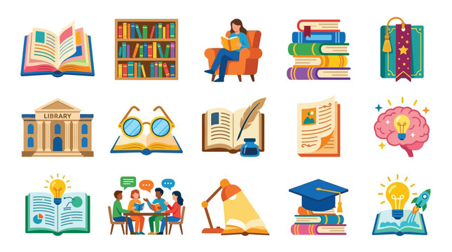 A vibrant collection of illustrations depicting various aspects of reading, learning, and education, including books, libraries, and study.
