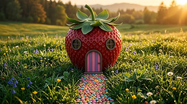 Rumah Jamur yang Unik dan Imut di Ladang Bunga di Bawah Sinar Matahari Terbenam